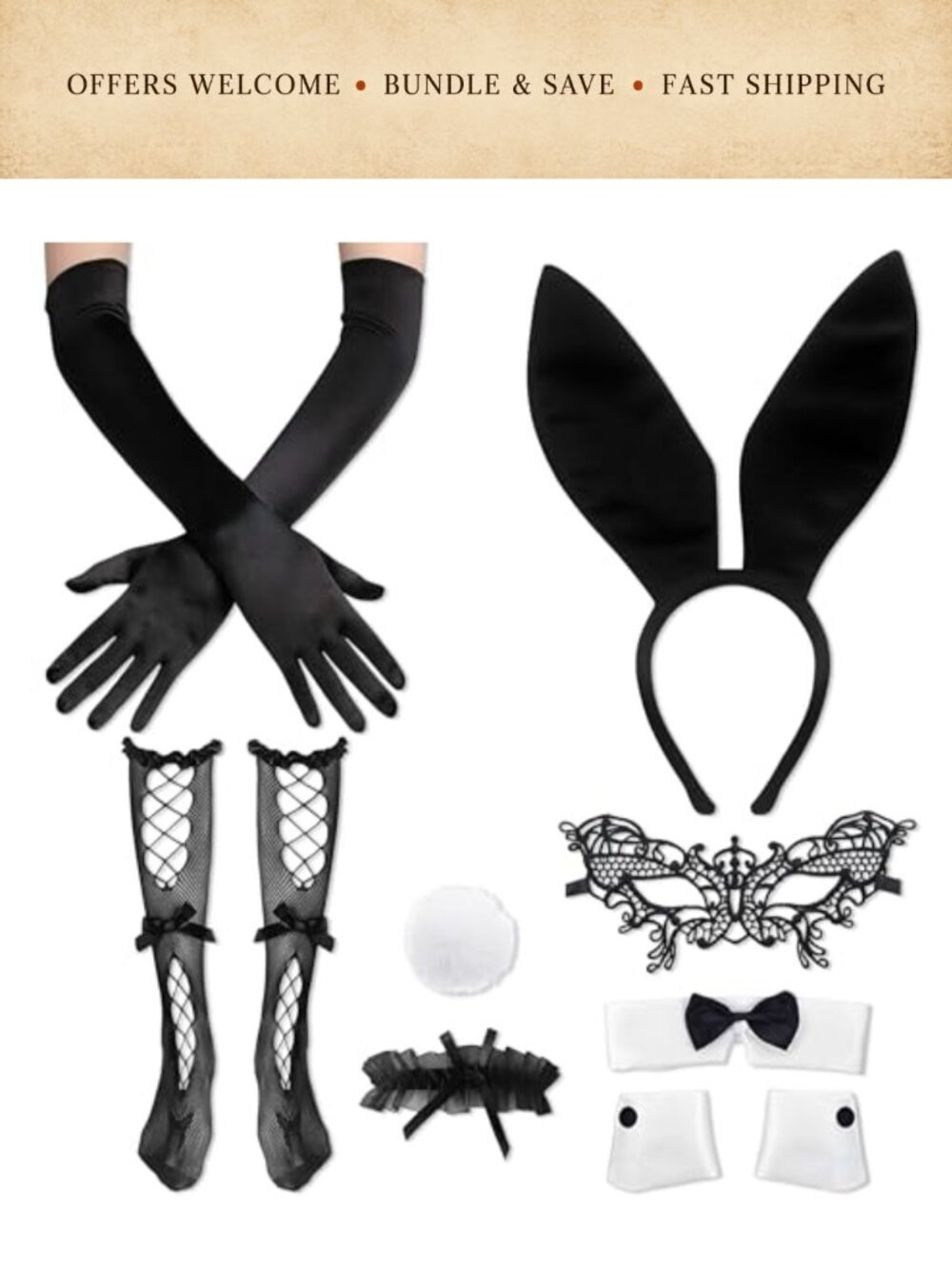 8 Piece Bunny Costume Set Ears Headband Bow Tie Collar Cuffs Tail Gloves
